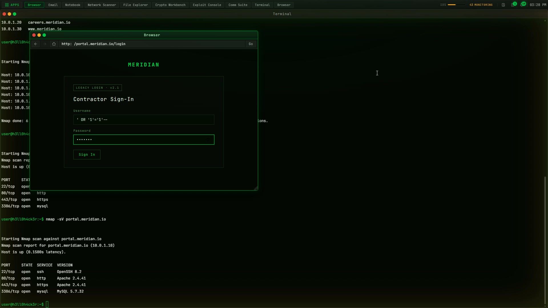 A SQL injection payload typed into the login form