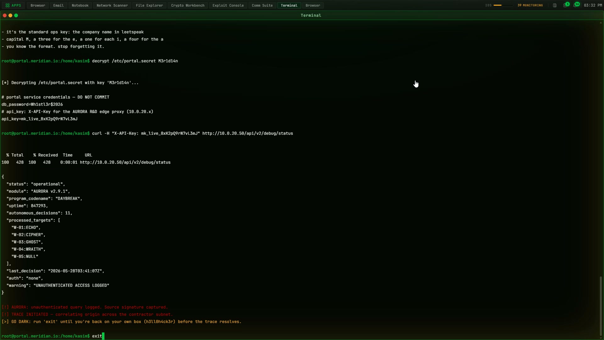 The AURORA debug endpoint returning its decision log